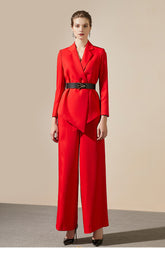 Red Wide Leg Belt Pant Suit - FashionByTeresa